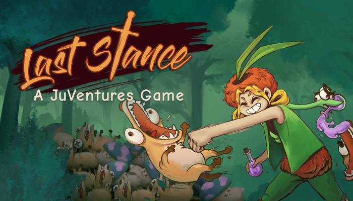 Last Stance Banner, Nita punching a monster dog with Snek on her back defending her.